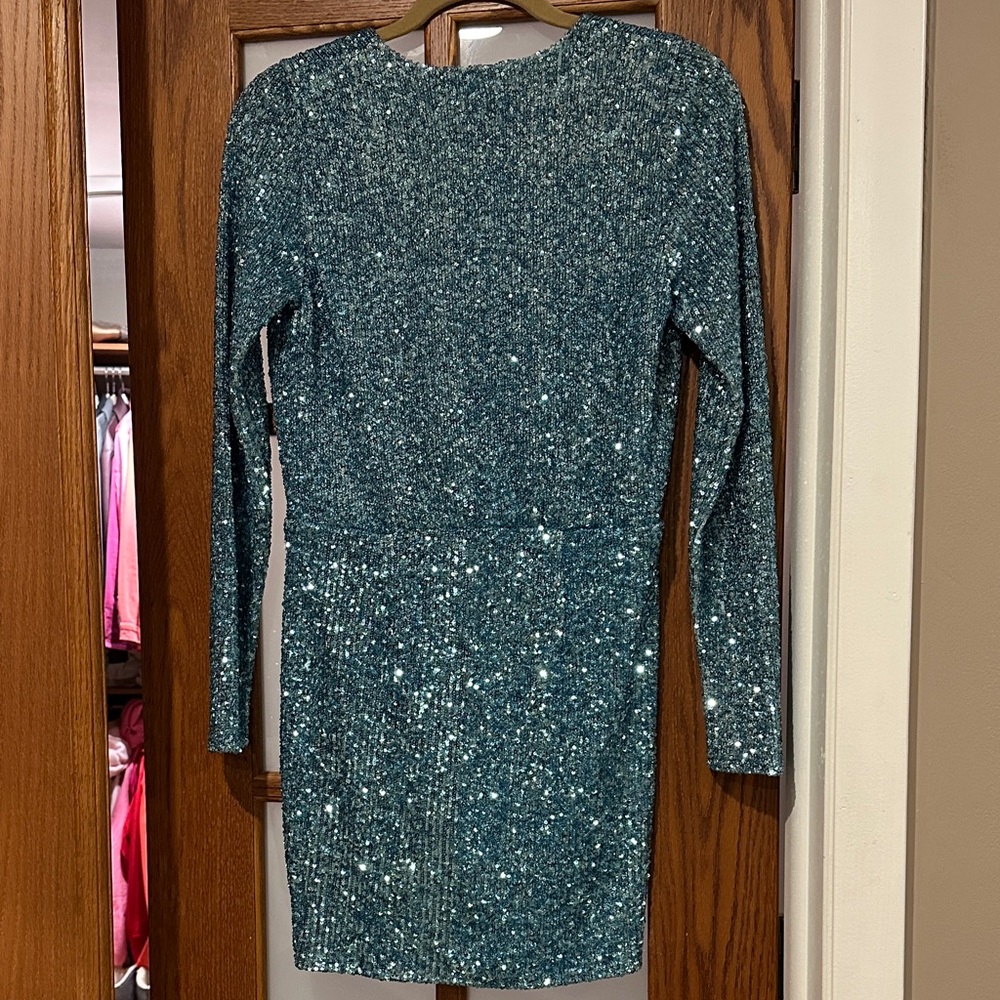 Show Me Your MuMu Sky Blue Sequin Long Sleeve Wrap Mini Dress - Picture 14 of 16